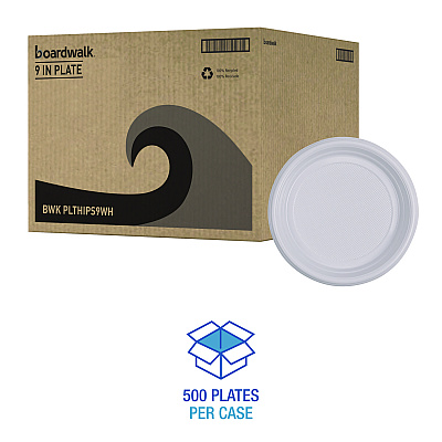 Boardwalk Hi-Impact Plastic Dinnerware, Plate, 9" dia, White, 500/Carton (BWKPLTHIPS9WH)