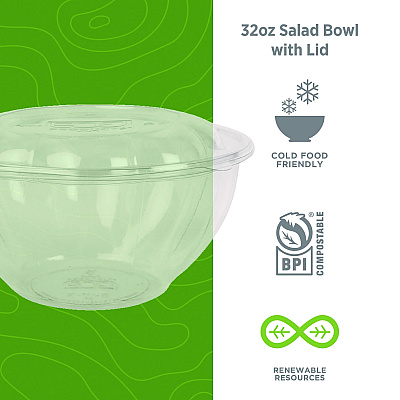Eco-Products Renewable and Compostable Salad Bowls with Lids, 32 oz, Clear, Plastic, 50/Pack, 3 Packs/Carton (ECOEPSB32)