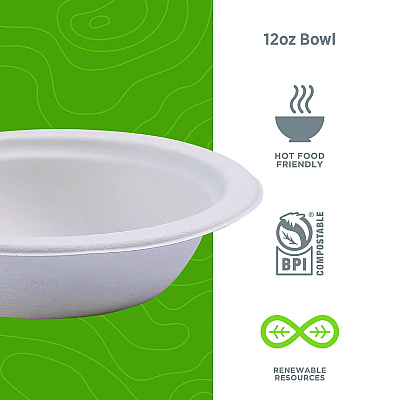 Eco-Products Renewable Sugarcane Bowls, 12 oz, Natural White, 50/Pack, 20 Packs/Carton (ECOEPBL12)