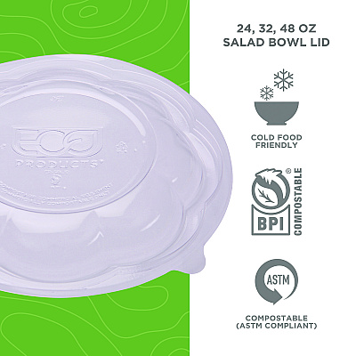 Eco-Products Renewable and Compostable Lids, Fits 24, 32 and 48 oz Salad Bowls, Clear, Plastic, 300/Carton (ECOEPSBLID)