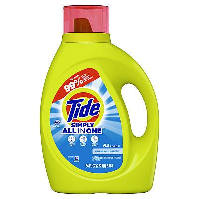 Tide Simply Clean and Fresh Laundry Detergent, Refreshing Breeze, 64 Loads, 84 oz Bottle, 4/Carton (PGC13143)