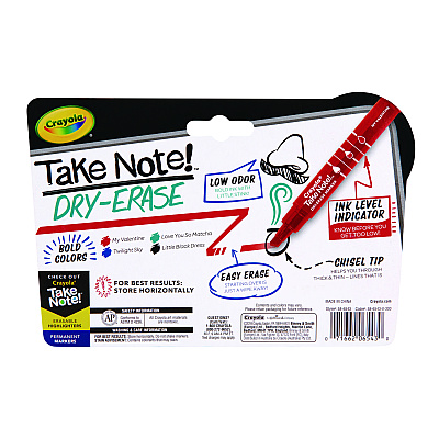 Crayola Take Note Dry Erase Markers, Chisel Tip, Assorted Colors, 4/Set (CYO586543)