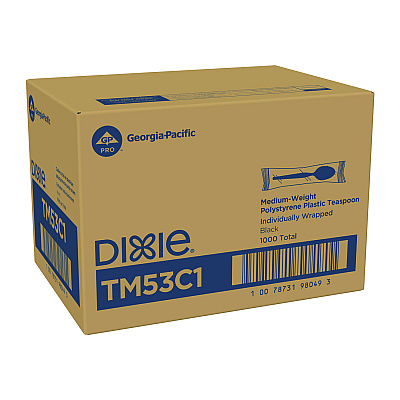 Dixie Mediumweight Polystyrene Wrapped Cutlery, Teaspoon, Black, 1,000/Carton (DXETM53C1)
