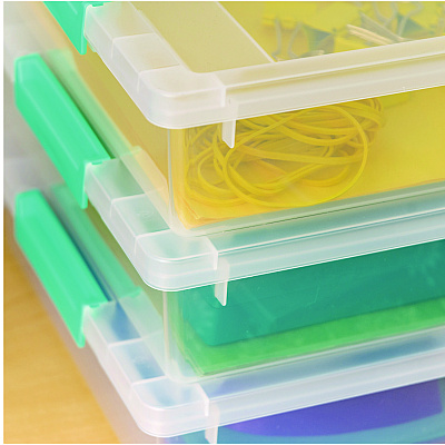 IRIS Latch Lid Storage Box, 2.3 gal, 14 x 11 x 3.5, Clear Bin/Seafoam Latches (IRS301158)