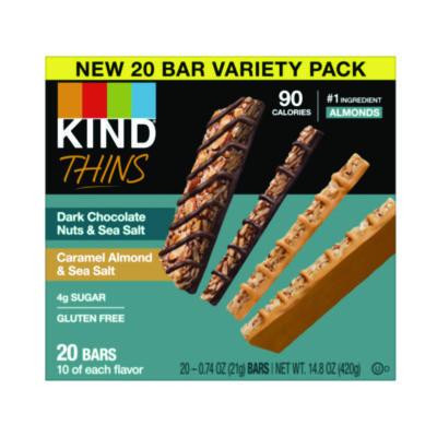 KIND Thins Bar Variety Pack, Caramel Almond & Sea Salt; Dark Chocolate Nuts & Sea Salt, 0.74 oz, 20/Box (KNDPHW41888)