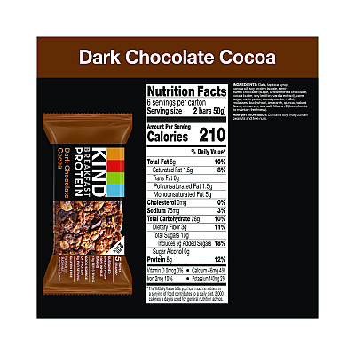 KIND Breakfast Protein Bars, Dark Chocolate Cocoa, 1.76 oz Two-Bar Packs, 6/Box (KNDPHW41936)