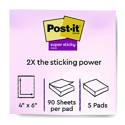 Post-it Notes Super Sticky Note Pads in Summer Joy Color Collection Colors, 4" x 6", Note Ruled, 90 Sheets/Pad, 5 Pads/Pack (MMM6605SSJOY)