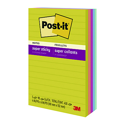 Post-it Notes Super Sticky Note Pads in Summer Joy Color Collection Colors, 4" x 6", Note Ruled, 90 Sheets/Pad, 5 Pads/Pack (MMM6605SSJOY)