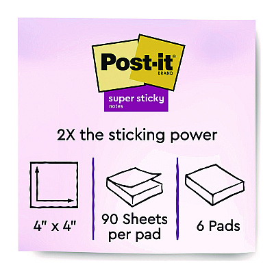 Post-it Notes Super Sticky Note Pads in Summer Joy Color Collection Colors, 4" x 4", Note Ruled, 90 Sheets/Pad, 6 Pads/Pack (MMM6756SSJOY)