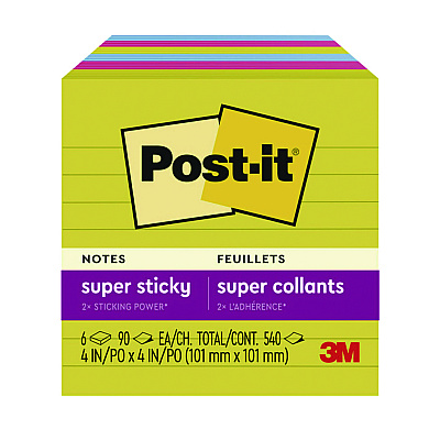 Post-it Notes Super Sticky Note Pads in Summer Joy Color Collection Colors, 4" x 4", Note Ruled, 90 Sheets/Pad, 6 Pads/Pack (MMM6756SSJOY)