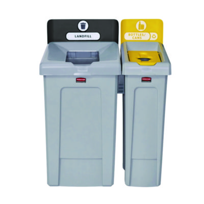 Rubbermaid Commercial Slim Jim Recycling Station Kit, 1-Stream Bottles and Cans, 23 gal, Plastic, Yellow/Gray (RCP2185052)