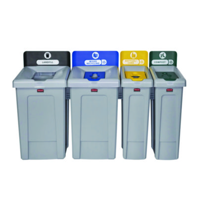 Rubbermaid Commercial Slim Jim Recycling Station Kit, 1-Stream Bottles and Cans, 23 gal, Plastic, Yellow/Gray (RCP2185052)