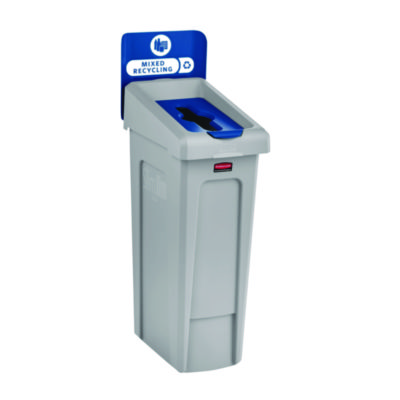 Rubbermaid Commercial Slim Jim Recycling Station Kit, 1-Stream Mixed Recycling, 23 gal, Plastic, Gray/Blue (RCP2185055)