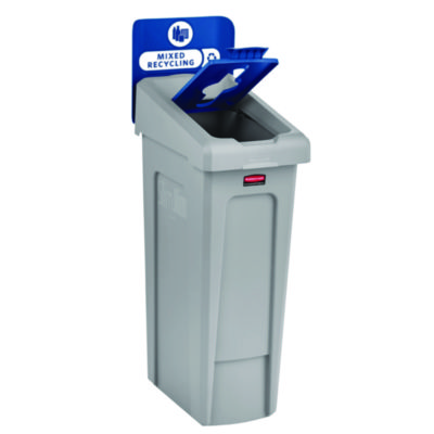 Rubbermaid Commercial Slim Jim Recycling Station Kit, 1-Stream Mixed Recycling, 23 gal, Plastic, Gray/Blue (RCP2185055)