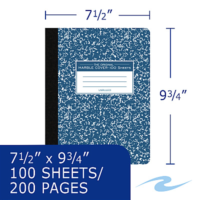 Roaring Spring Hardcover Marble Composition Book, Unruled, Blue Marble Cover, (100) 9.75 x 7.5 Sheets (ROA77261)