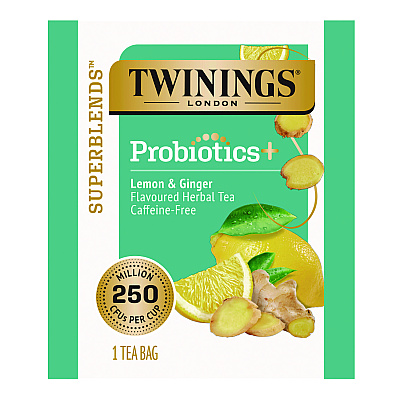 TWININGS Probiotics Lemon and Ginger Herbal Tea Bags, 0.05 oz, 18/Box (TWGTNA95223)