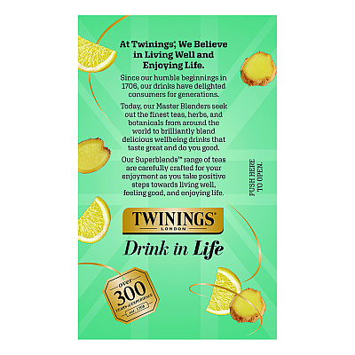 TWININGS Probiotics Lemon and Ginger Herbal Tea Bags, 0.05 oz, 18/Box (TWGTNA95223)