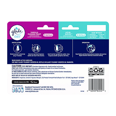Glade Plugins Scented Oil Refill, Aqua Waves/Vanilla Passionfruit, 0.67 oz, 7/Pack (SJN350783)