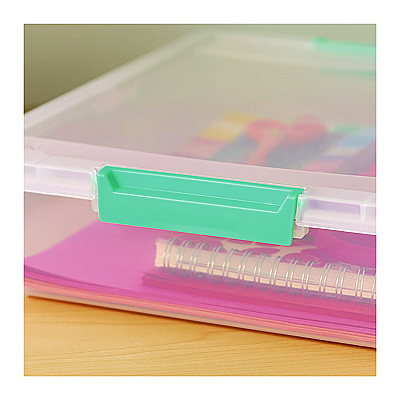 IRIS Latch Lid Storage Box, 2.3 gal, 14 x 11 x 3.5, Clear Bin/Seafoam Latches (IRS301158)