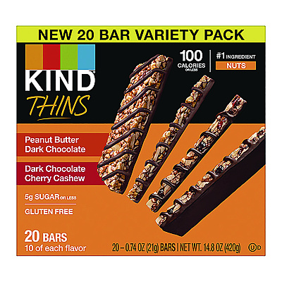 KIND Thins Bar Variety Pack, Dark Chocolate Cherry Cashew; Peanut Butter Dark Chocolate, 0.74 oz, 20/Box (KNDPHW41891)