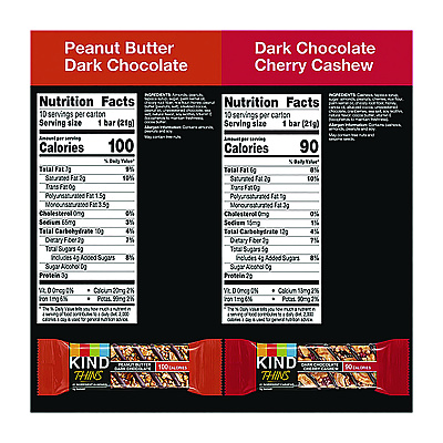 KIND Thins Bar Variety Pack, Dark Chocolate Cherry Cashew; Peanut Butter Dark Chocolate, 0.74 oz, 20/Box (KNDPHW41891)