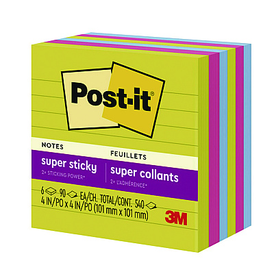 Post-it Notes Super Sticky Note Pads in Summer Joy Color Collection Colors, 4" x 4", Note Ruled, 90 Sheets/Pad, 6 Pads/Pack (MMM6756SSJOY)
