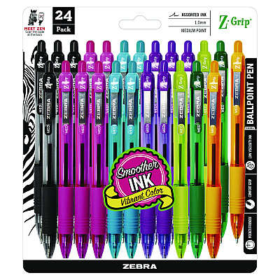 Zebra Z-Grip Ballpoint Pen, Retractable, Medium 1 mm, Assorted Artistic Ink Colors, Assorted Barrel Colors, 24/Pack (ZEB12271)