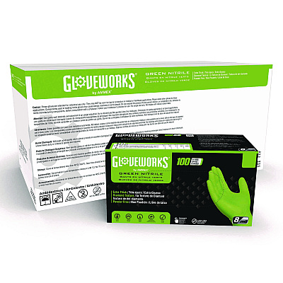GloveWorks by AMMEX Heavy-Duty Industrial Nitrile Gloves, Powder-Free, 8 mil, Medium, Green, 100 Gloves/Box, 10 Boxes/Carton (AXCGWGN44100CT)