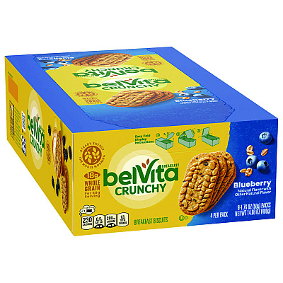 Nabisco belVita Breakfast Biscuits, 1.76 oz Pack, Blueberry, 8 Packs/Box, 8 Boxes/Carton (CDB02908)
