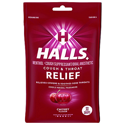 HALLS Triple Action Cough Drops, Cherry, 30/Bag, 12 Bags/Box (CDB27499)