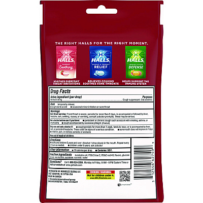 HALLS Triple Action Cough Drops, Cherry, 30/Bag, 12 Bags/Box (CDB27499)