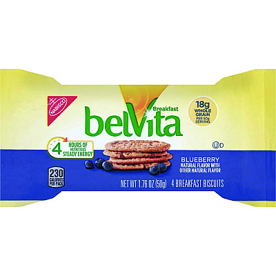 Nabisco belVita Breakfast Biscuits, 1.76 oz Pack, Blueberry, 8 Packs/Box, 8 Boxes/Carton (CDB02908)