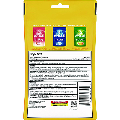 HALLS Triple Action Cough Drops, Honey-Lemon, 30/Bag, 12 Bags/Box (CDB28694)