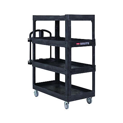 Rubbermaid Commercial BRUTE Heavy-Duty Ergo Utility Cart, Plastic, 4 Shelves, 700 lb Capacity, 24.35" x 54.1" x 62.4", Black (RCP2128657)