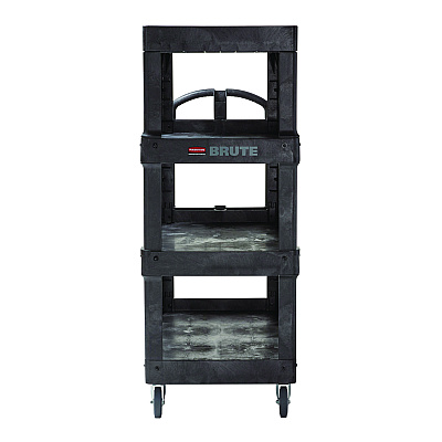 Rubbermaid Commercial BRUTE Heavy-Duty Ergo Utility Cart, Plastic, 4 Shelves, 700 lb Capacity, 24.35" x 54.1" x 62.4", Black (RCP2128657)