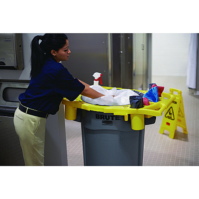 Rubbermaid Commercial BRUTE Standard Brute Rim Caddy, Four Compartments, Fits 32.5" Diameter Cans, 26.5 x 6.75, Yellow (RCP9W87YEL)