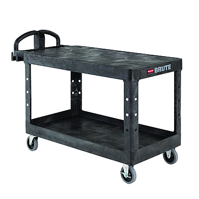 Rubbermaid Commercial Heavy-Duty Utility Cart with Flat Shelves, Plastic, 2 Shelves, 500 lb Capacity, 25.25" x 54" x 36", Black (RCP4545BLA)