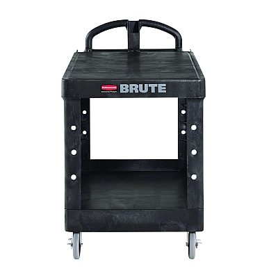 Rubbermaid Commercial Heavy-Duty Utility Cart with Flat Shelves, Plastic, 2 Shelves, 500 lb Capacity, 25.25" x 54" x 36", Black (RCP4545BLA)
