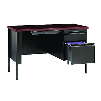 Alera Single Pedestal Steel Desk, 45" x 24" x 29.5", Mahogany/Charcoal, Charcoal Legs (ALEHSD4524CM)