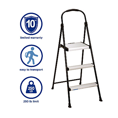 COSCO 3-Step Stepstool, 250 lb, 28.75" Tall, 28.35" Spread, Black/Silver (11425ABK1E)