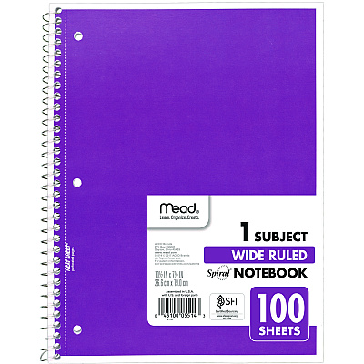 Mead Spiral Notebook, 3-Hole Punched, 1-Subject, Wide/Legal Rule, Randomly Assorted Cover Color, (100) 10.5 x 7.5 Sheets (MEA05514)