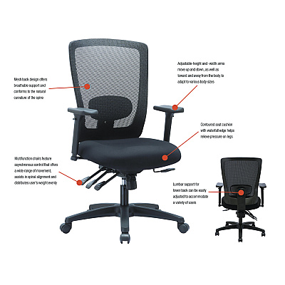 Alera Envy Series Mesh Mid-Back Multifunction Chair, Supports Up to 250 lb, 17" to 21.5" Seat Height, Black (ALENV42M14)