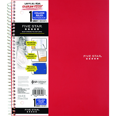 Five Star Wirebound Notebook with Two Pockets, 1-Subject, Medium/College Rule, Red Cover, (100) 11 x 8.5 Sheets (MEA72053)