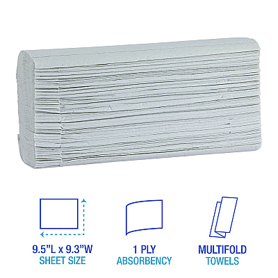 Boardwalk Green Multifold Towels, 1-Ply, 9.3 x 9.5, Natural White, 250/Pack, 16 Packs/Carton (BWK10GREENB)