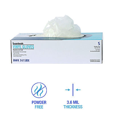 Boardwalk Exam Vinyl Gloves, Powder/Latex-Free, 3 3/5 mil, Clear, Small, 100/Box (BWK361SBX)