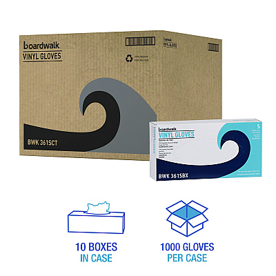 Boardwalk Exam Vinyl Gloves, Clear, Small, 3 3/5 mil, 100/Box, 10 Boxes/Carton (BWK361SCT)