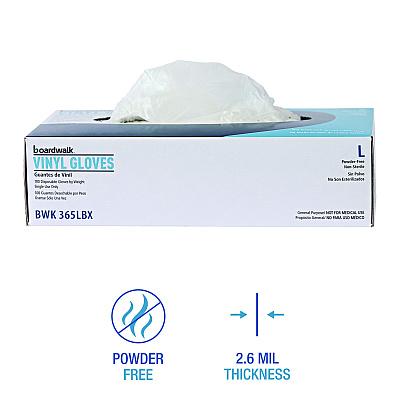 Boardwalk General Purpose Vinyl Gloves, Powder/Latex-Free, 2.6 mil, Large, Clear, 100/Box, 10 Boxes/Carton (BWK365LCT)