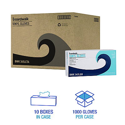Boardwalk General Purpose Vinyl Gloves, Powder/Latex-Free, 2.6 mil, Large, Clear, 100/Box, 10 Boxes/Carton (BWK365LCT)