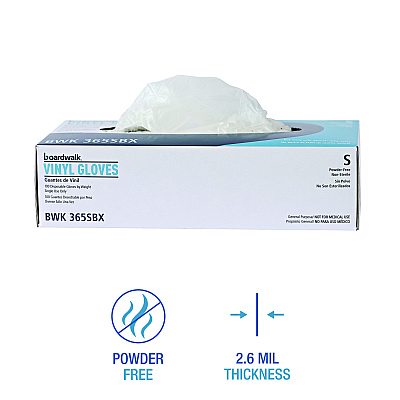 Boardwalk General Purpose Vinyl Gloves, Powder/Latex-Free, 2.6 mil, Small, Clear, 100/Box, 10 Boxes/Carton (BWK365SCT)