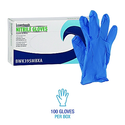 Boardwalk Disposable Powder-Free Nitrile Gloves, Medium, Blue, 5 mil, 100/Box (BWK395MBXA)